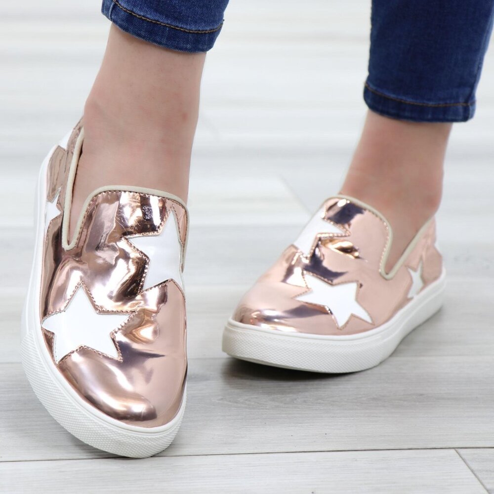 Rose Gold Slip-On Sneakers White Star Metallic Casual Shoes